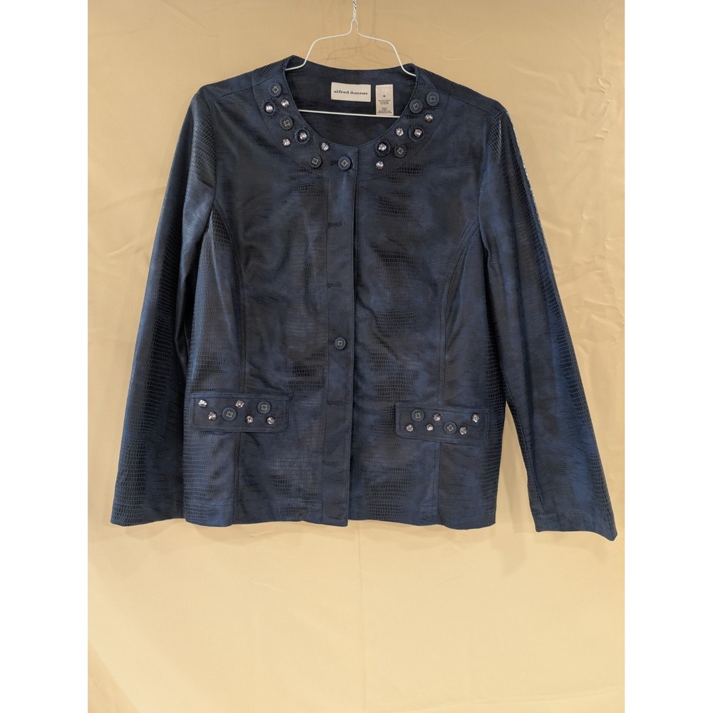 ALFRED DUNNER Navy Blue Textured Jacket Size 18 Embellished Collar & Pockets
